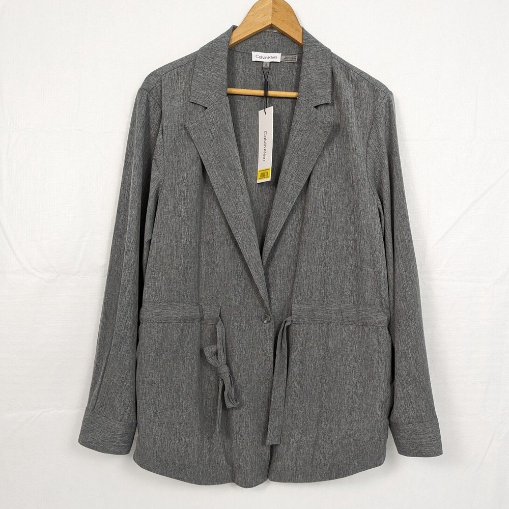Calvin Klein Womens Large Heather Gray Waist Tie Notch Lapel Blazer Pockets